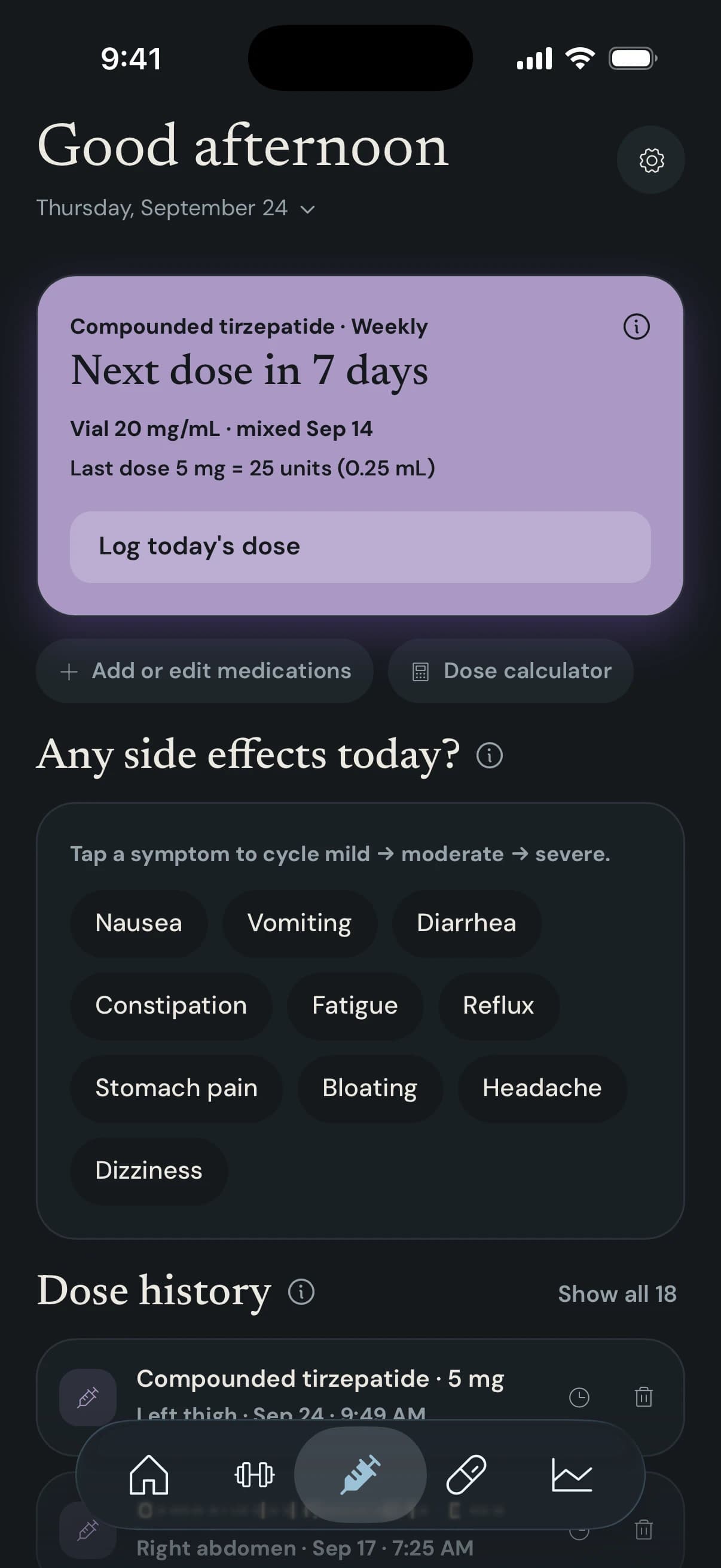 Anchor-1's Dose tab: a compounded tirzepatide card saying the next weekly dose is in 7 days, with the saved 20 mg/mL vial and the last 5 mg dose measured as 25 units, a Dose calculator button, and a side-effect log