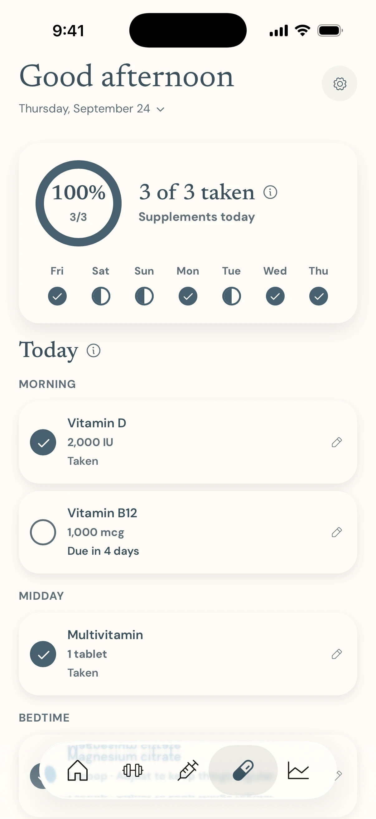 The Supplements tab: a ring showing everything due today taken, a seven-day strip, and a checklist grouped into morning, midday and bedtime