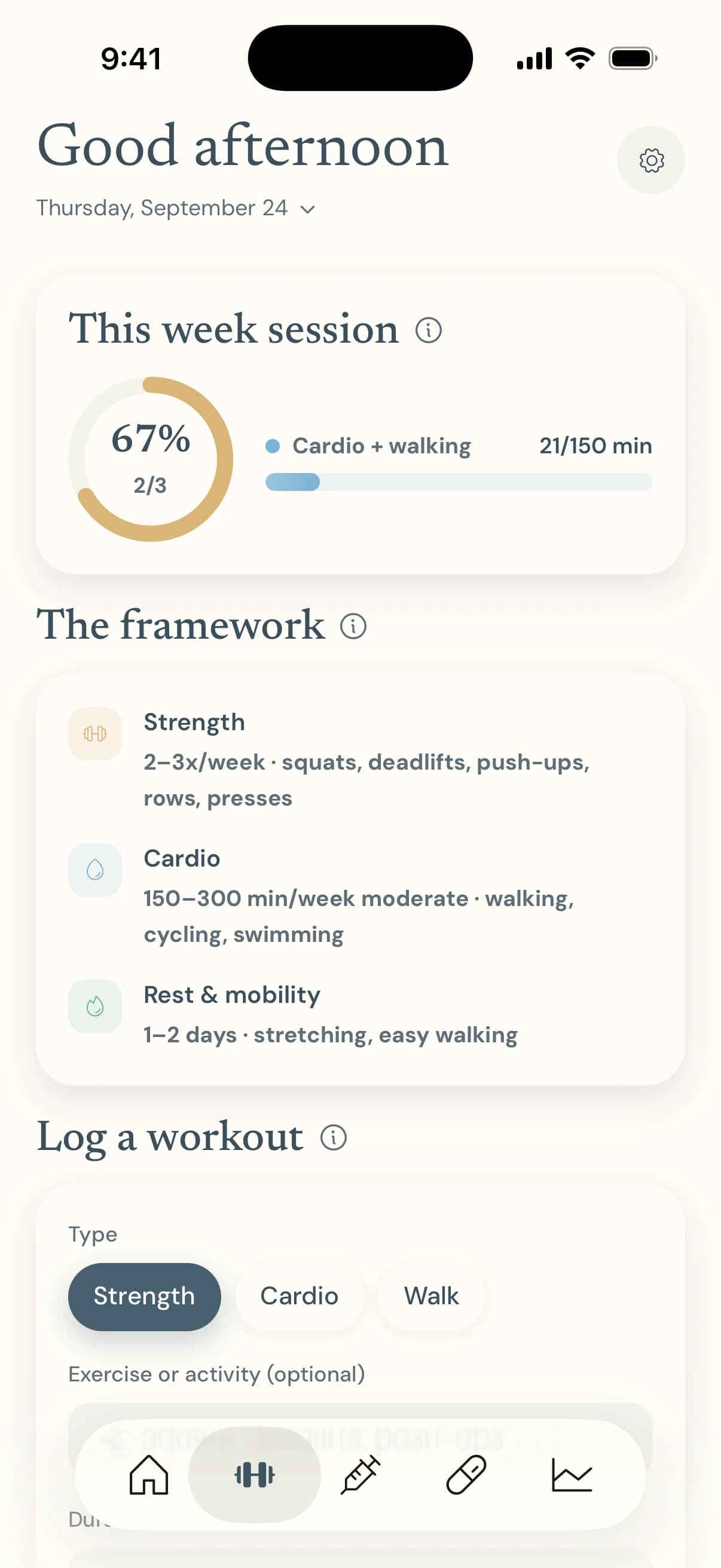 The Workout tab: a ring counting strength sessions toward three, a bar of cardio and walking minutes toward 150, the weekly framework, and a form to log a workout